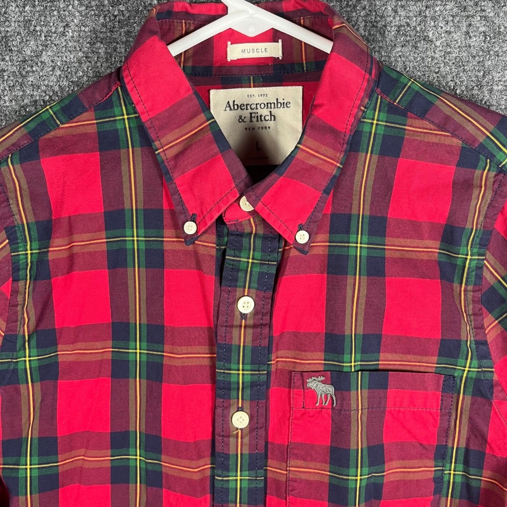 Abercrombie & Fitch Button Down Shirt Mens L Red Plaid Muscle Fit Long Sleeve - Picture 2 of 8
